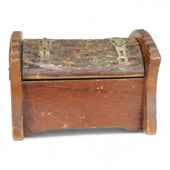 Vintage Rustic Wood & Metal Locking Trunk Jewelry Box With Bark Lid - Picture 3 of 7
